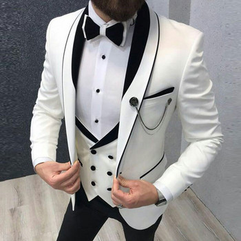 Бели и черни смокинг Grom за сватба Slim Fit Бели и черни официални мъжки костюми с двуредно жилетка Модни панталони