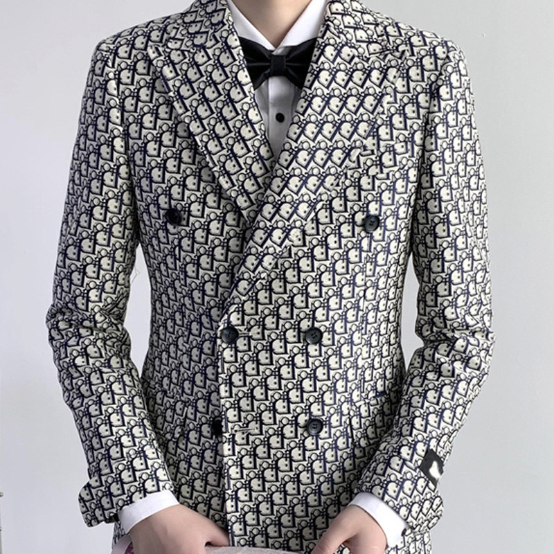 Nyomtatott betűs férfi öltönyök, karcsúsított, dupla mellű vőlegényi szmoking esküvőre, 2 részes férfi divatkabát nadrággal