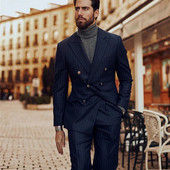 Sötétkék csíkos férfi sutis dupla mellű, vékony szabású, hivatalos irodai viselet, 2 részes szett, esküvői vőfély szmoking