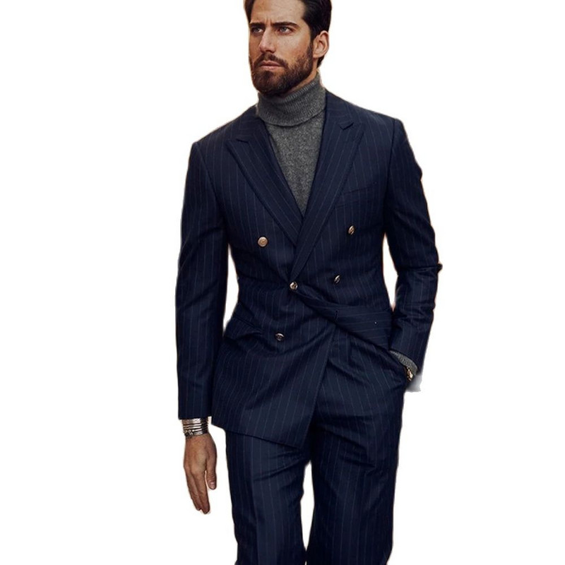 Sötétkék csíkos férfi sutis dupla mellű, vékony szabású, hivatalos irodai viselet, 2 részes szett, esküvői vőfély szmoking
