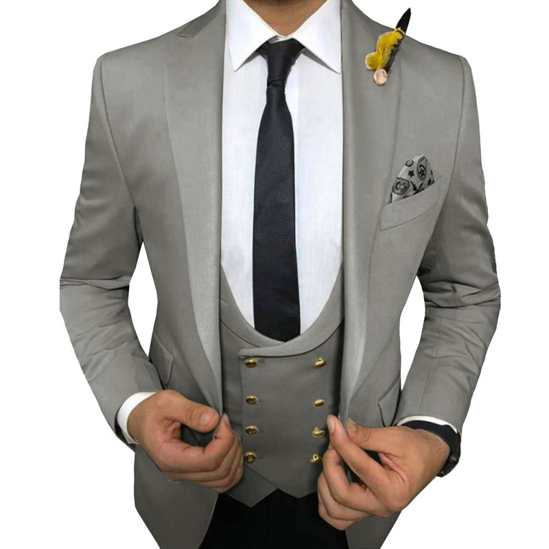 Bézs karcsú férfi öltöny, 3 részes, formális esküvői szmoking vőfélynek, duplasoros mellény, fekete nadrág, férfi divat dzseki