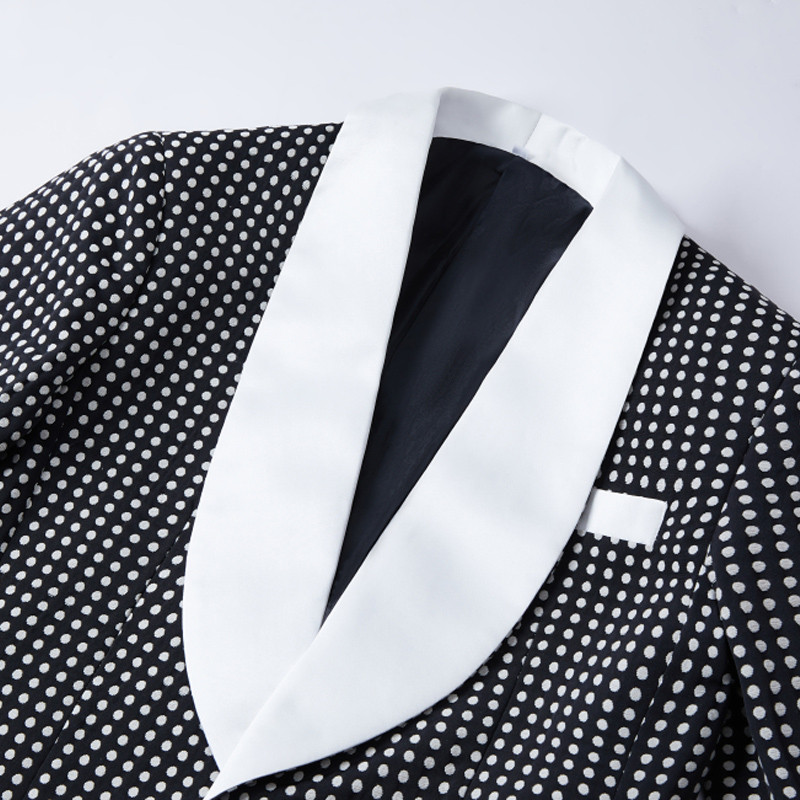 Fekete báli öltöny pontokkal karcsúsított, esküvői vőlegény szmoking, 2 részes férfi divatjelmez 2022 (kabát + nadrág)