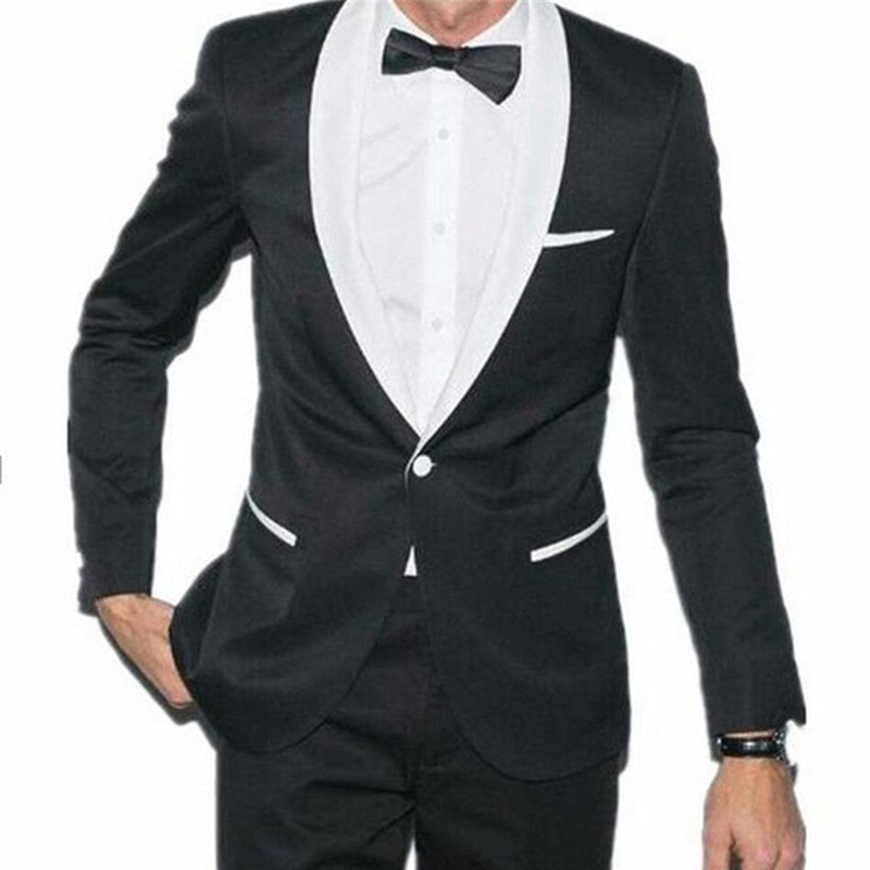 Fehér-fekete esküvői szmoking, 2 részes, vékony szabású férfi öltönyök báli vőfélyeknek Kendő hajtóka Egyedi férfi divatos jelmez dzseki nadrág