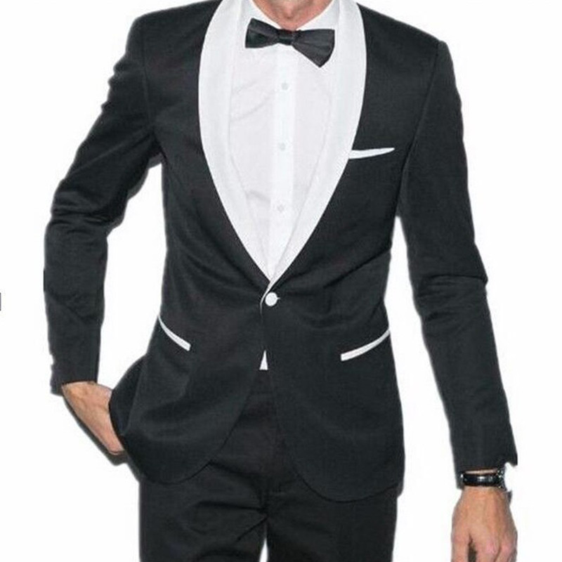Fehér-fekete esküvői szmoking, 2 részes, vékony szabású férfi öltönyök báli vőfélyeknek Kendő hajtóka Egyedi férfi divatos jelmez dzseki nadrág