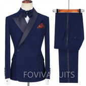 Sötétkék férfi öltönyök, dupla mellű, karcsú vőlegény esküvői szmoking, 2 részes kabát nadrág, férfi divatjelmez 2022