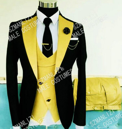 3 részes alkalmi férfi öltönyök, karcsú szabású hajtókával, esküvői szmoking Vőlegények divatos jelmez, kabát, mellény nadrág, 2021