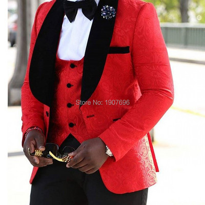 Virágos jaquard férfi öltönyök karcsú szabású esküvői barát 3 részes vőlegény szmoking dzseki mellény fekete nadrággal, férfi divat