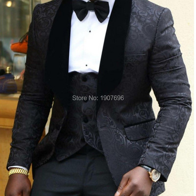 Virágos jaquard férfi öltönyök karcsú szabású esküvői barát 3 részes vőlegény szmoking dzseki mellény fekete nadrággal, férfi divat