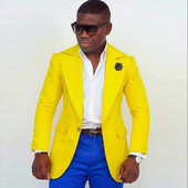 Sárga báli férfi öltöny, 2 részes, vékony szabású esküvői szmoking vőfélyeknek, királykék nadrággal, férfi afrikai divatos kabát