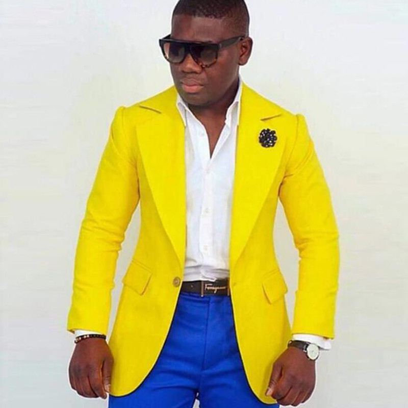 Sárga báli férfi öltöny, 2 részes, vékony szabású esküvői szmoking vőfélyeknek, királykék nadrággal, férfi afrikai divatos kabát