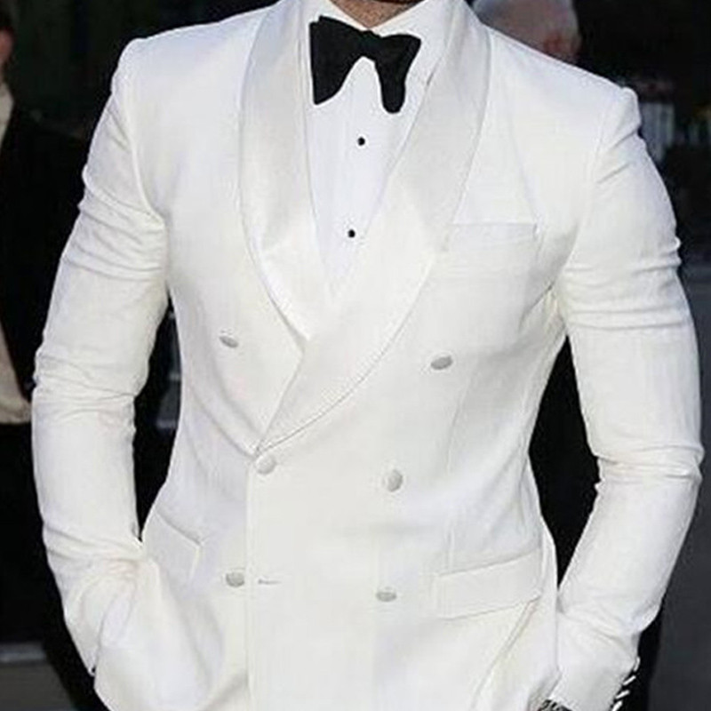 Fehér karcsú férfi öltönyök, dupla mellű esküvői vőlegény szmoking 2 részes báli színpadi férfi ruha szett kabát fekete nadrág