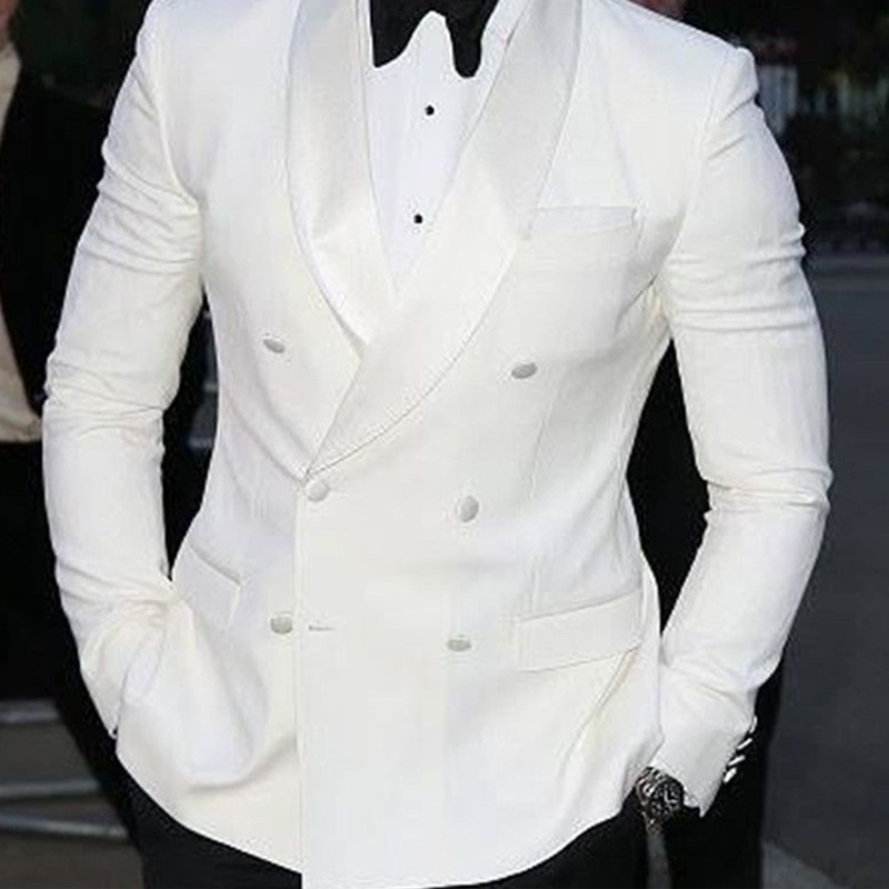 Fehér karcsú férfi öltönyök, dupla mellű esküvői vőlegény szmoking 2 részes báli színpadi férfi ruha szett kabát fekete nadrág