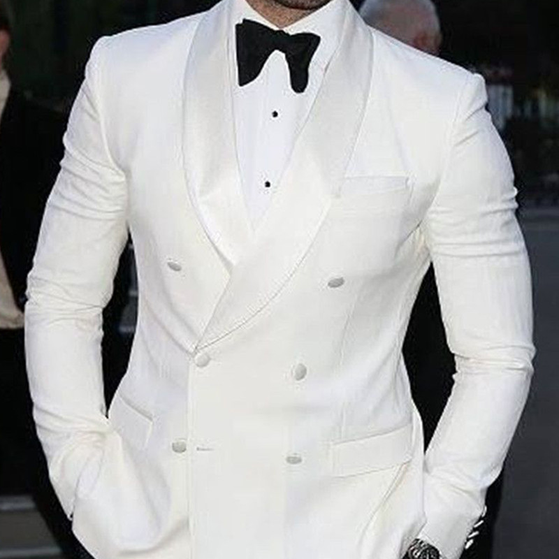 Fehér karcsú férfi öltönyök, dupla mellű esküvői vőlegény szmoking 2 részes báli színpadi férfi ruha szett kabát fekete nadrág