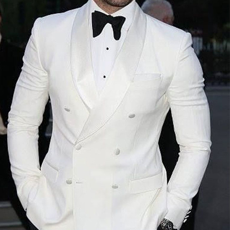 Fehér karcsú férfi öltönyök, dupla mellű esküvői vőlegény szmoking 2 részes báli színpadi férfi ruha szett kabát fekete nadrág
