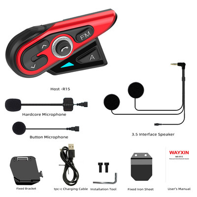 WAYXIN R15 motoros sisak Intercom Intercom Bluetooth 5.0 sisakok vezeték nélküli FM rádió fejhallgató interfon 1200M vízálló