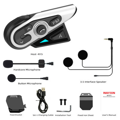 WAYXIN R15 motoros sisak Intercom Intercom Bluetooth 5.0 sisakok vezeték nélküli FM rádió fejhallgató interfon 1200M vízálló