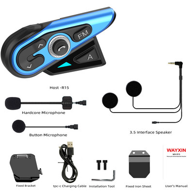 WAYXIN R15 motoros sisak Intercom Intercom Bluetooth 5.0 sisakok vezeték nélküli FM rádió fejhallgató interfon 1200M vízálló