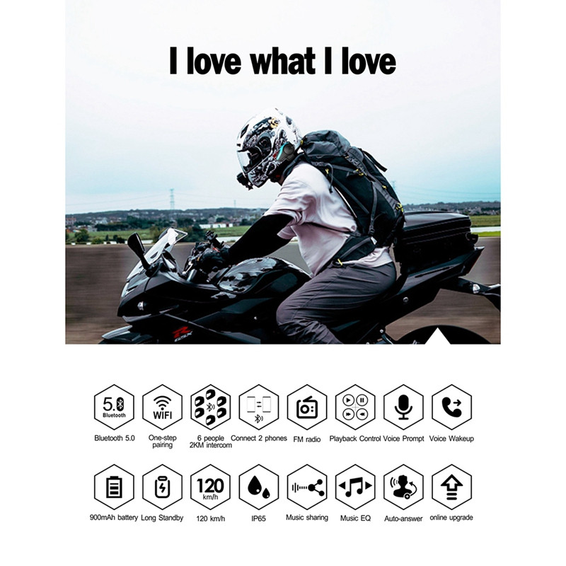 Motorkerékpár 2000M Bluetooth sisak Intercom 6 Rider Interphone headset kompatibilis az összes Bluetooth fejhallgatóval