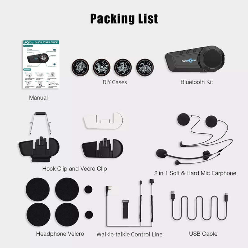 Freedconn KY-Pro Bluetooth 5.0 motoros sisak kaputelefon fejhallgató 6 versenyzős hatótávolság 2 km aktív zajszűréssel COD