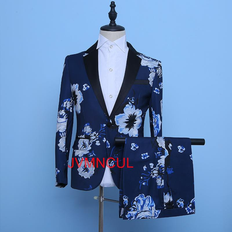 Új érkezett Royal Blue virágos férfi öltönyök esküvőre Legújabb minták Vőlegény szmoking Kendő hajtóka öltöny Férfi Vőfélyek Legjobb férfi blézer