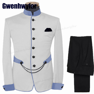 Gwenhwyfar divatos férfi öltönyök állógallér Terno egyedi esküvői szmoking férfiaknak formális vőlegény öltönyök 2 db kabát készletek (kabát+nadrág)