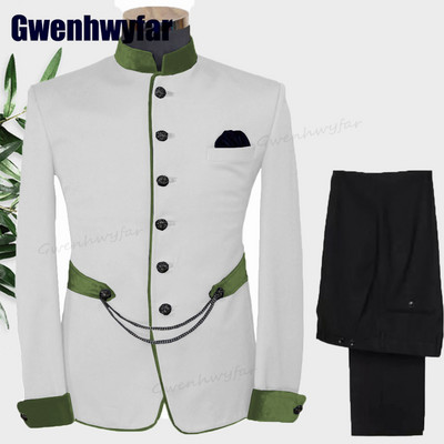 Gwenhwyfar divatos férfi öltönyök állógallér Terno egyedi esküvői szmoking férfiaknak formális vőlegény öltönyök 2 db kabát készletek (kabát+nadrág)