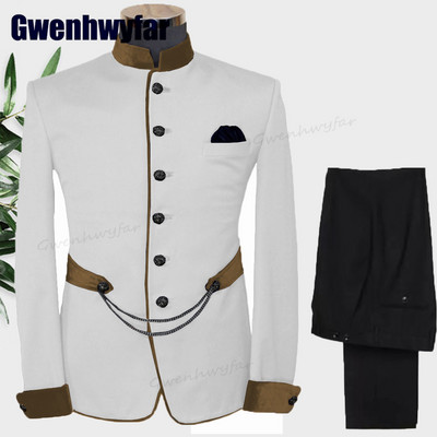 Gwenhwyfar divatos férfi öltönyök állógallér Terno egyedi esküvői szmoking férfiaknak formális vőlegény öltönyök 2 db kabát készletek (kabát+nadrág)