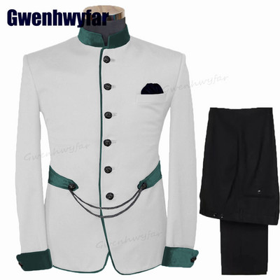 Gwenhwyfar divatos férfi öltönyök állógallér Terno egyedi esküvői szmoking férfiaknak formális vőlegény öltönyök 2 db kabát készletek (kabát+nadrág)