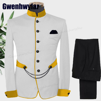 Gwenhwyfar divatos férfi öltönyök állógallér Terno egyedi esküvői szmoking férfiaknak formális vőlegény öltönyök 2 db kabát készletek (kabát+nadrág)