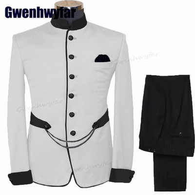 Gwenhwyfar divatos férfi öltönyök állógallér Terno egyedi esküvői szmoking férfiaknak formális vőlegény öltönyök 2 db kabát készletek (kabát+nadrág)