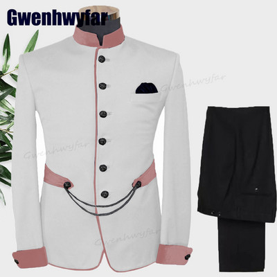 Gwenhwyfar divatos férfi öltönyök állógallér Terno egyedi esküvői szmoking férfiaknak formális vőlegény öltönyök 2 db kabát készletek (kabát+nadrág)