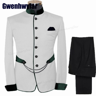 Gwenhwyfar divatos férfi öltönyök állógallér Terno egyedi esküvői szmoking férfiaknak formális vőlegény öltönyök 2 db kabát készletek (kabát+nadrág)