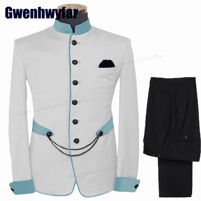 Gwenhwyfar divatos férfi öltönyök állógallér Terno egyedi esküvői szmoking férfiaknak formális vőlegény öltönyök 2 db kabát készletek (kabát+nadrág)