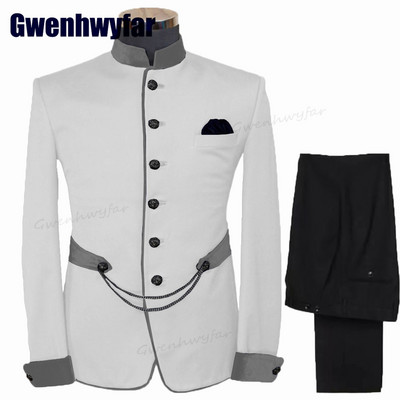 Gwenhwyfar divatos férfi öltönyök állógallér Terno egyedi esküvői szmoking férfiaknak formális vőlegény öltönyök 2 db kabát készletek (kabát+nadrág)