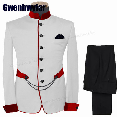 Gwenhwyfar divatos férfi öltönyök állógallér Terno egyedi esküvői szmoking férfiaknak formális vőlegény öltönyök 2 db kabát készletek (kabát+nadrág)