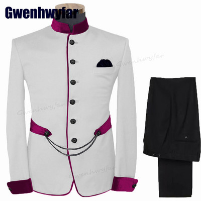 Gwenhwyfar divatos férfi öltönyök állógallér Terno egyedi esküvői szmoking férfiaknak formális vőlegény öltönyök 2 db kabát készletek (kabát+nadrág)