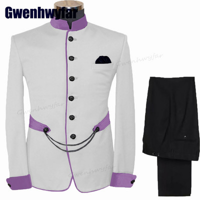 Gwenhwyfar divatos férfi öltönyök állógallér Terno egyedi esküvői szmoking férfiaknak formális vőlegény öltönyök 2 db kabát készletek (kabát+nadrág)