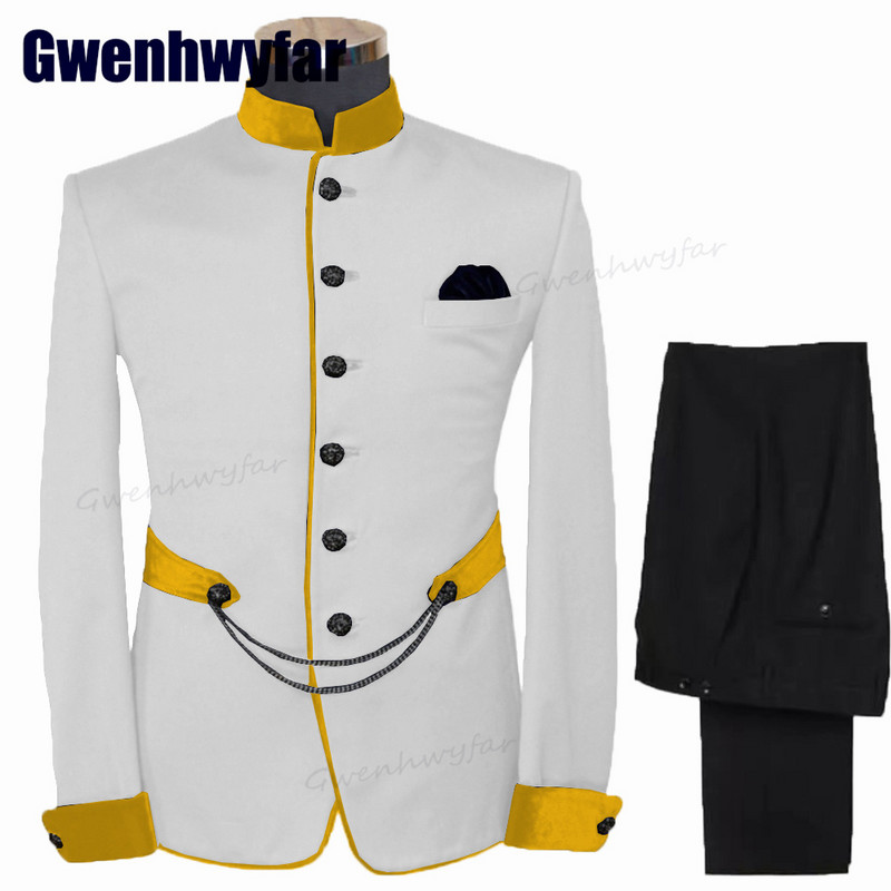 Gwenhwyfar divatos férfi öltönyök állógallér Terno egyedi esküvői szmoking férfiaknak formális vőlegény öltönyök 2 db kabát készletek (kabát+nadrág)