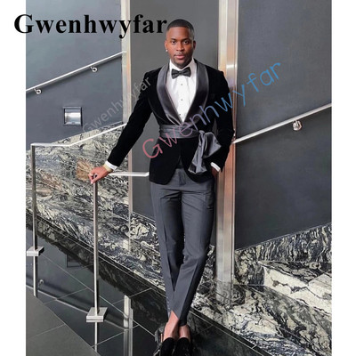 Gwenhwyfar 2022 új divatos stílus, egyedi vőlegény szmoking pontgallér, fekete bársony blézer férfi alkalmi öltöny, 2 részes esküvőre