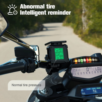 Ouspow TPMS Система за следене на налягането в мотоциклетните гуми с 2 външни сензора LCD дисплей Температурна аларма USB Слънчево зареждане