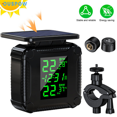 Ouspow TPMS Motorcycle Tire Pressure Monitoring System With 2 External Sensors LCD Display  Temperature Alarm USB Solar Charging