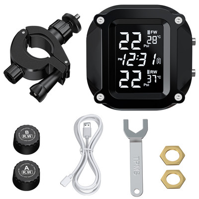 Ouspow TPMS motociklo padangų slėgio stebėjimo sistema su 2 išoriniais jutikliais LCD ekrano temperatūros signalizacija USB saulės įkrovimas
