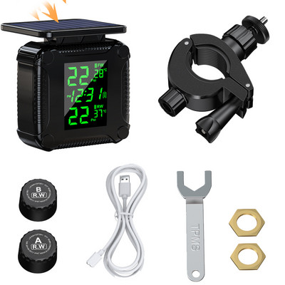 Ouspow TPMS motociklo padangų slėgio stebėjimo sistema su 2 išoriniais jutikliais LCD ekrano temperatūros signalizacija USB saulės įkrovimas