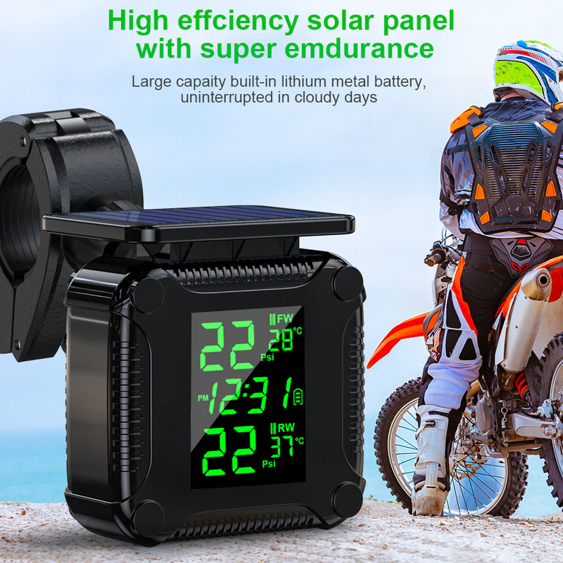 Ouspow TPMS motociklo padangų slėgio stebėjimo sistema su 2 išoriniais jutikliais LCD ekrano temperatūros signalizacija USB saulės įkrovimas