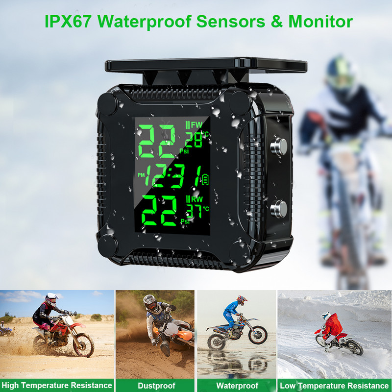 Ouspow TPMS motociklo padangų slėgio stebėjimo sistema su 2 išoriniais jutikliais LCD ekrano temperatūros signalizacija USB saulės įkrovimas