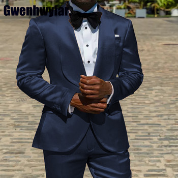 Gwenhwyfar 2023 Моден сатенен мъжки костюм Slim Fit Мъжко облекло Шал Ревер Костюм Homme Wedding Groom Tuxedo за мъже Сценичен костюм