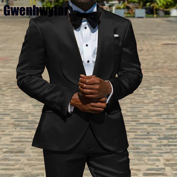 Gwenhwyfar 2023 Моден сатенен мъжки костюм Slim Fit Мъжко облекло Шал Ревер Костюм Homme Wedding Groom Tuxedo за мъже Сценичен костюм