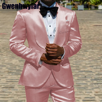 Gwenhwyfar 2023 Моден сатенен мъжки костюм Slim Fit Мъжко облекло Шал Ревер Костюм Homme Wedding Groom Tuxedo за мъже Сценичен костюм