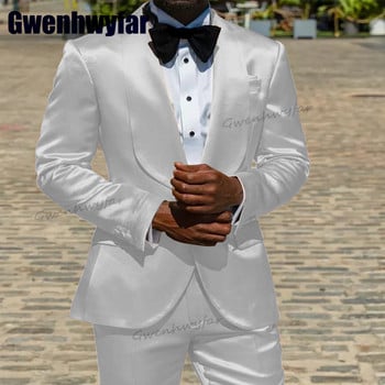 Gwenhwyfar 2023 Моден сатенен мъжки костюм Slim Fit Мъжко облекло Шал Ревер Костюм Homme Wedding Groom Tuxedo за мъже Сценичен костюм