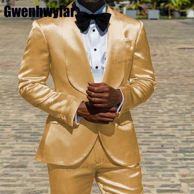 Gwenhwyfar 2023 divatos szatén férfi öltöny Slim Fit férfi ruházat kendő hajtóka jelmez Homme esküvői vőlegény szmoking férfiaknak színpadi öltöny